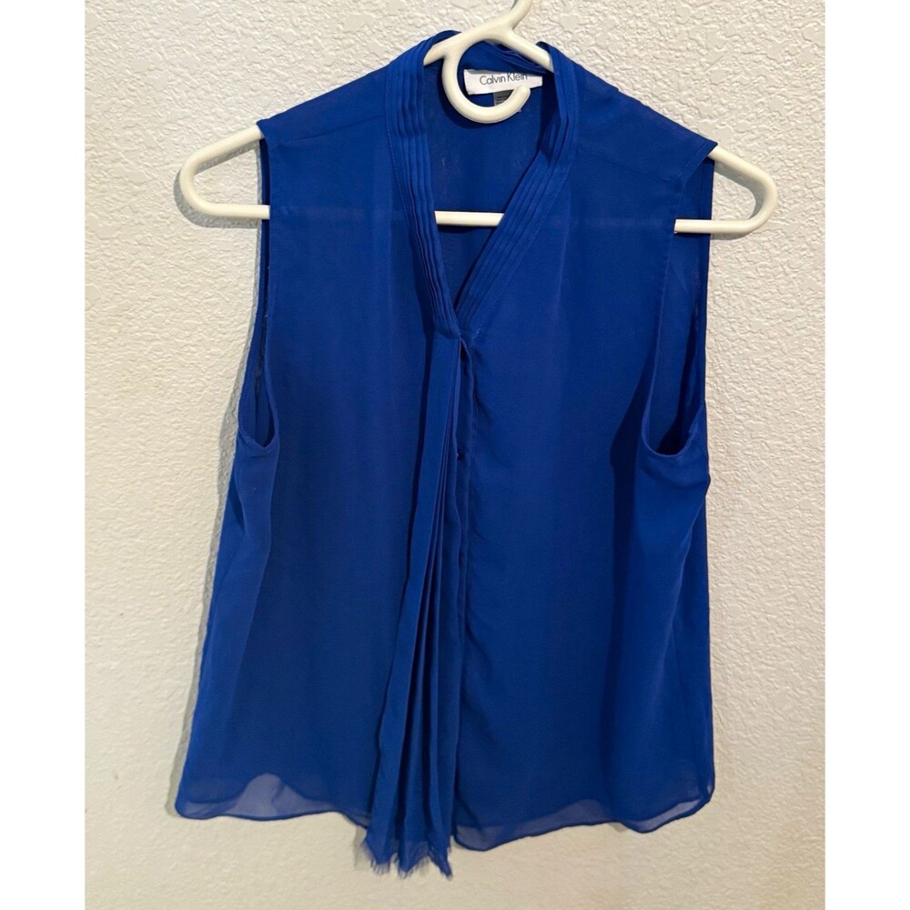 Calvin Klein Women’s Blue Sheer Chiffon V-Neck Sleeveless Blouse Top PL